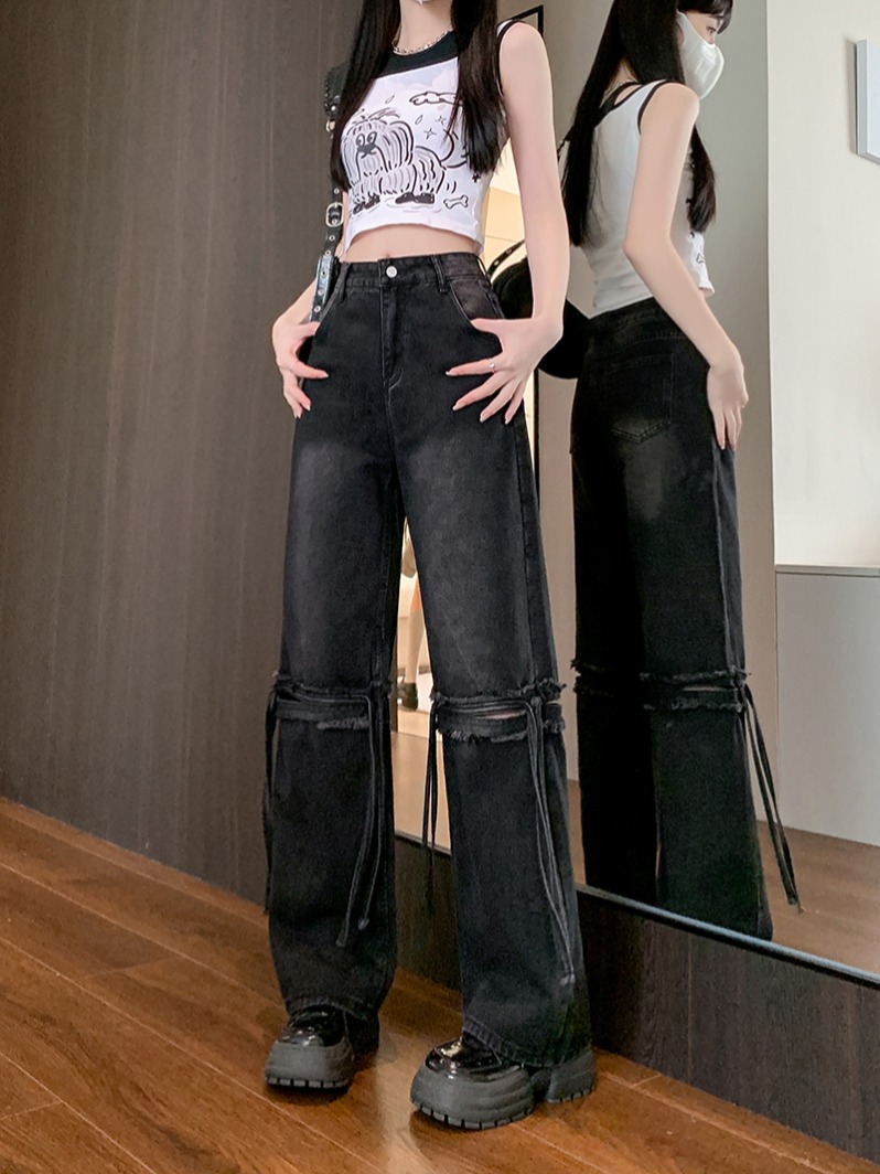 Actual shot ~ American retro ripped jeans for women, design sense splicing high waist drape straight wide leg pants