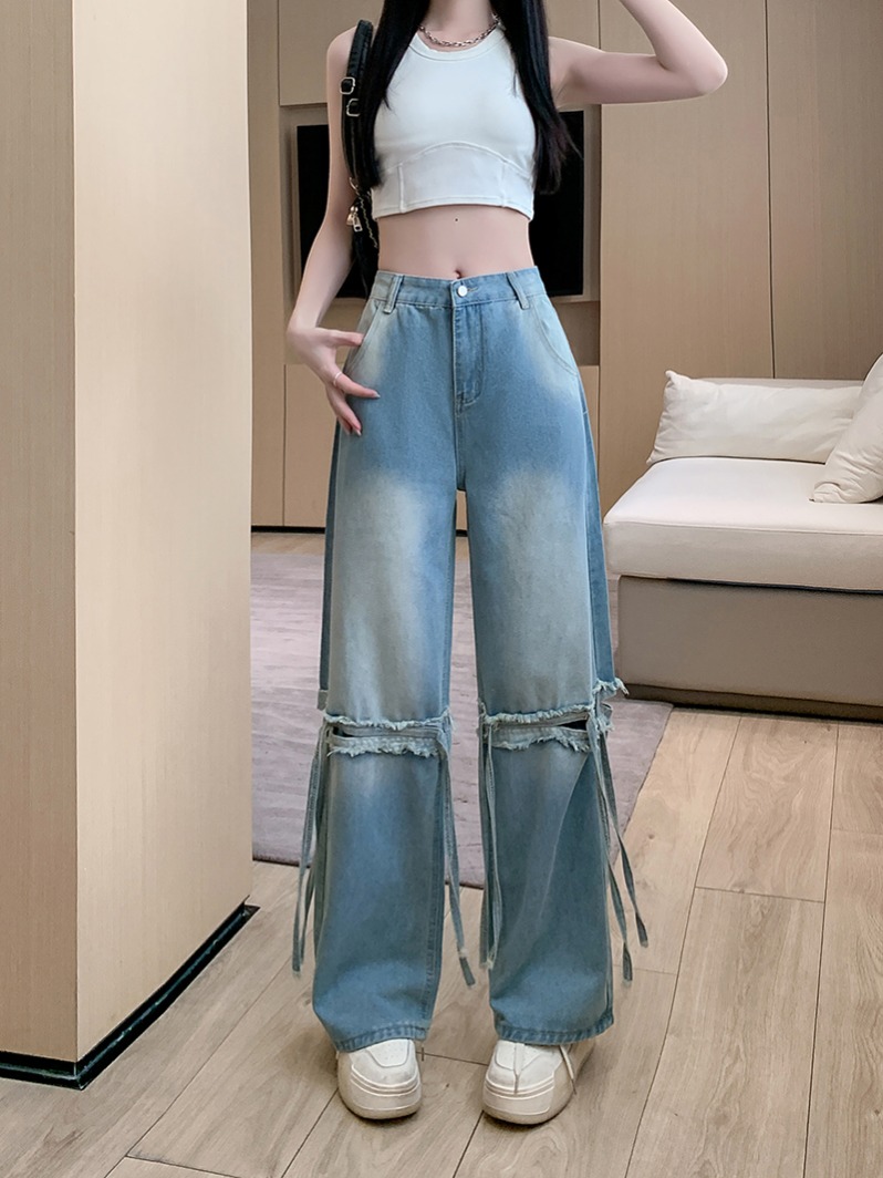 Actual shot ~ American retro ripped jeans for women, design sense splicing high waist drape straight wide leg pants