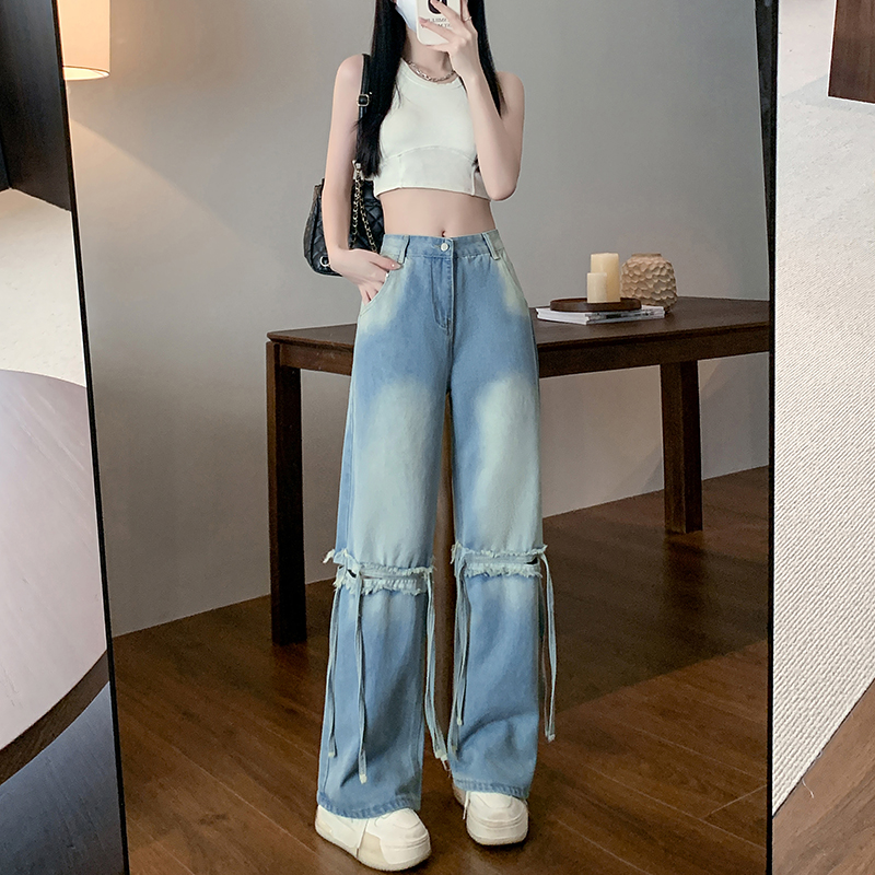 Actual shot ~ American retro ripped jeans for women, design sense splicing high waist drape straight wide leg pants