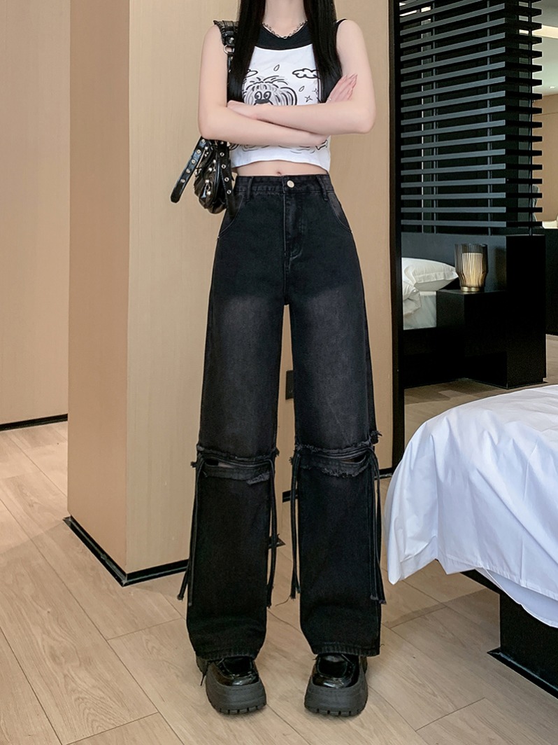 Actual shot ~ American retro ripped jeans for women, design sense splicing high waist drape straight wide leg pants