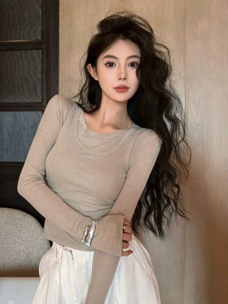 실사 정가 핫걸 바람 긴팔 티셔츠 조끼 베스트 두 조각 여성 세트 몸매 가꾸기 사실 두 조각 만나는 인사이드 잡아라. 의류