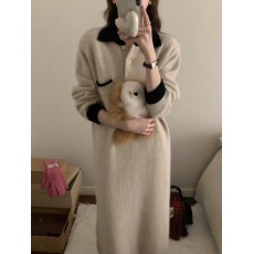 批发有 货 韩版polo翻领<b class='q'>撞色</b>毛衣<b class='q'>连衣裙</b>女长款宽松针织长裙