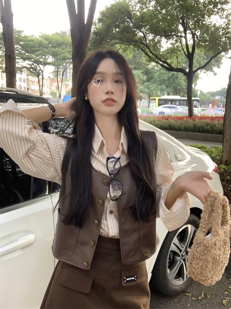 실사 정가 한 부서 레트로 민소매 PU 가죽 베스트 루즈핏 재킷 품격 스트라이프 긴팔 셔츠