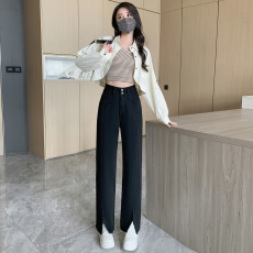 批发实拍<b class='q'>春</b>新款大码黑色阔腿牛仔裤女胖MM高腰显瘦复古窄版直筒裤子