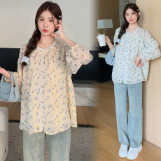 批发实拍2025新款秋季孕妇韩版显瘦提花褶皱甜美碎花娃娃衫上衣套装