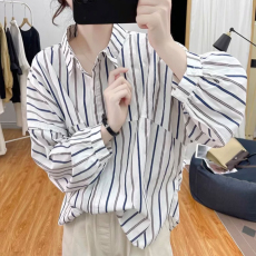 批发官图 <b class='q'>秋</b>装蝙蝠袖条纹长袖衬衫女韩系宽松减龄上衣复古翻领衬衣