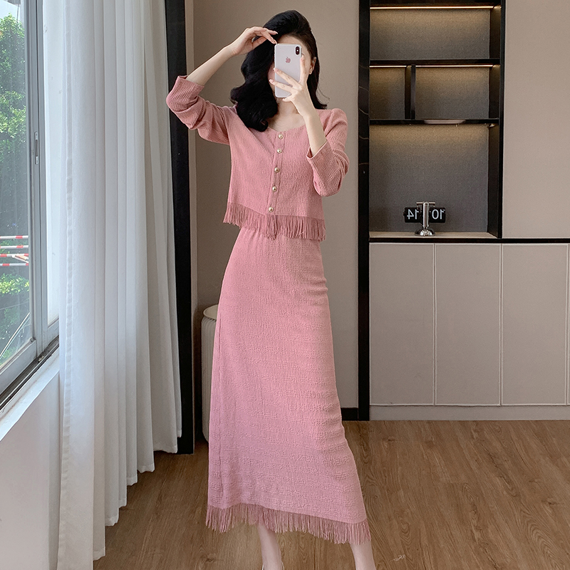 여름 봄 드레스 새로운 작은 샤넬 스타일 패션 자수 세트 드레스 명문 여성 빛 럭셔리 레이스 술 반신 스커트 투피스 세트
