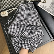 批发原版面料 复古格子阔腿裤女夏季高腰休闲宽松显瘦拖地裤子