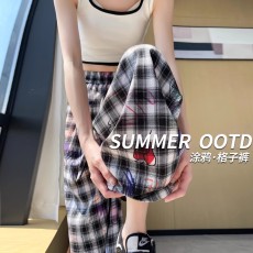批发原版面料 美式涂鸦格子裤女夏季新款高腰宽松直筒遛弯裤