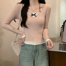 批发实拍长袖t恤女装春秋薄款挂脖2026<b class='q'>潮</b>流蕾丝修身打底衫V领韩版上衣