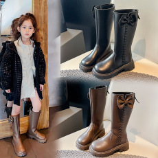 批发儿童加绒靴子2024年<b class='q'>秋</b>冬新款女童蝴蝶结时尚中大童高筒靴保暖靴潮