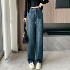 批发实拍<b class='q'>春</b>新款大码直筒牛仔裤女胖MM高腰显瘦宽松复古窄版阔腿裤子