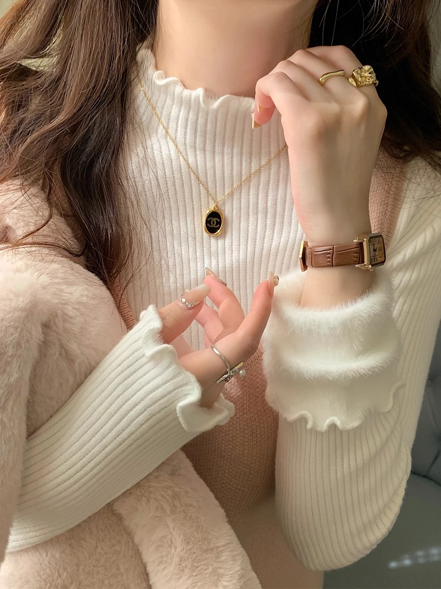 하나 플러시 털이 있고 두꺼운 기본 셔츠 여성 봄 가을 고급 센스 프릴 스웨터 인사이드 가져 가라. 겨울 반하이넥 스웨터