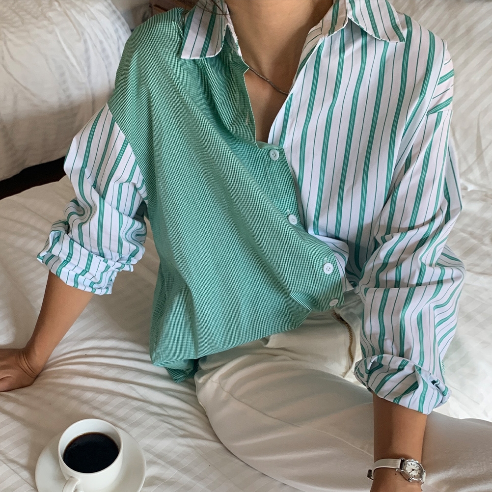 PF20087#长袖细格子拼条纹衬衣女女裝貨源服裝批發