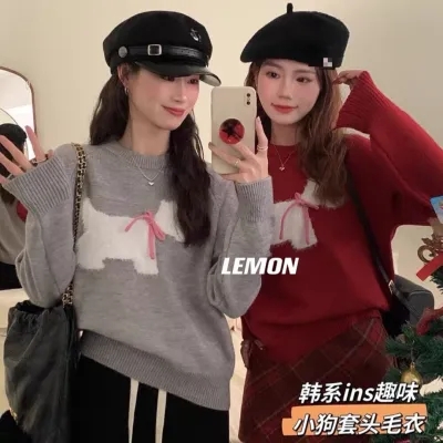 한 부서 강아지 레이스업 자카드 풀오버 스웨터 여자 가을 겨울 새로운 루즈핏 달콤함 부드러운 찹쌀 품격 니트 스웨터 맨위