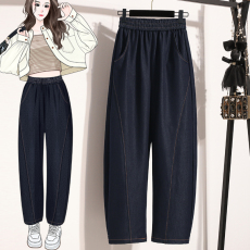 批发实拍春款大码阔腿裤显瘦萝卜牛仔裤弯刀裤胖mm大码拖地香蕉裤高腰