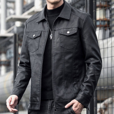 批发实拍2024皮衣男翻领皮外套潮流休闲高端皮夹克春秋季时尚外衣男