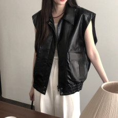 批发已出货 韩国东大门秋季复古<b class='q'>百搭</b>大口袋宽松PU皮衣马甲外套女