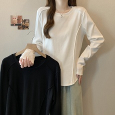 批发实拍~胖MM<b class='q'>大码</b>圆领长袖T恤鱼骨设计感显瘦宽松上衣