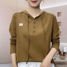 批发秋冬季新款连帽长袖t恤女<b class='q'>时尚</b>百搭<b class='q'>妈妈装</b>宽松显瘦纯色纽扣女上衣