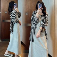 批发大码女装春装韩系休闲中长款两件套长袖开衫+针织背心连衣春季裙