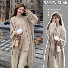 批发大码<b class='q'>女装</b>秋冬新款针织连衣裙两件套轻熟风中长款长袖开衫外套毛衣