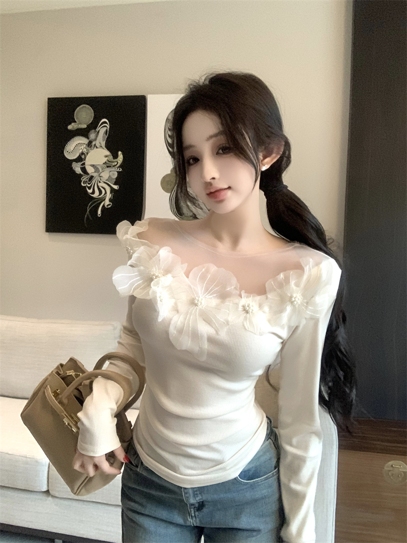 PF20173#设计感珍珠花朵拼接网纱短上衣女裝貨源服裝批發