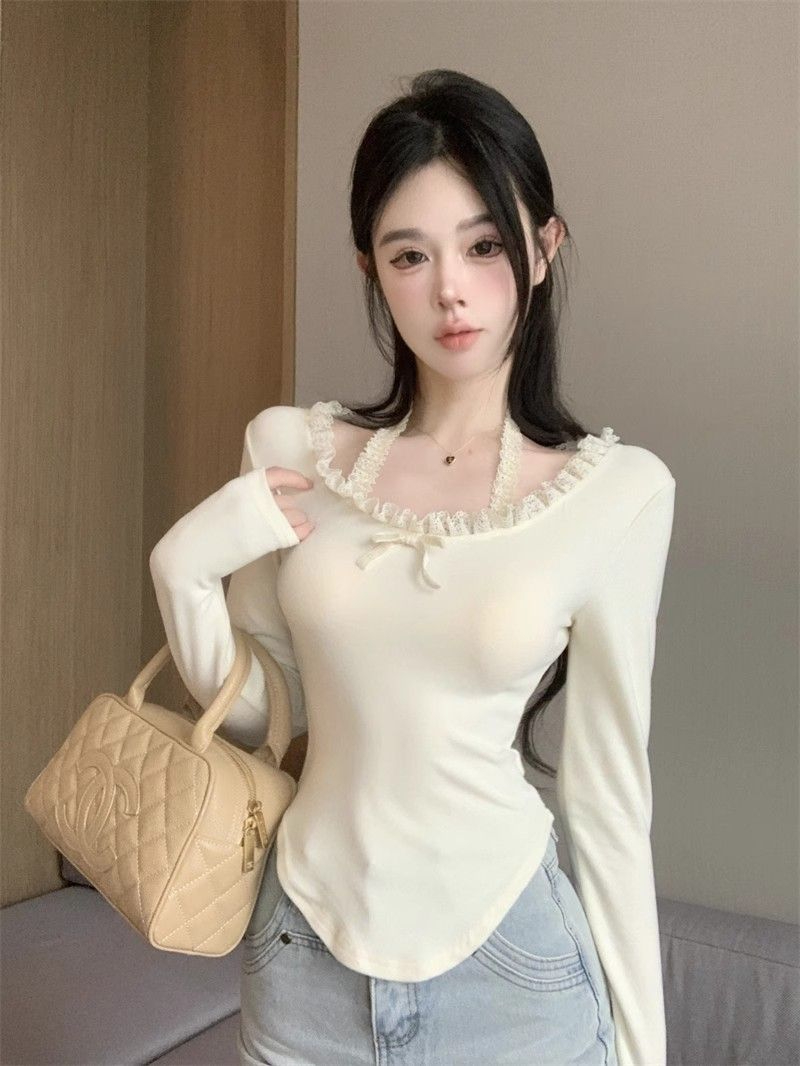 PF26094# 德绒面料 纯欲长袖T恤秋冬挂脖设计修身发热上衣女装