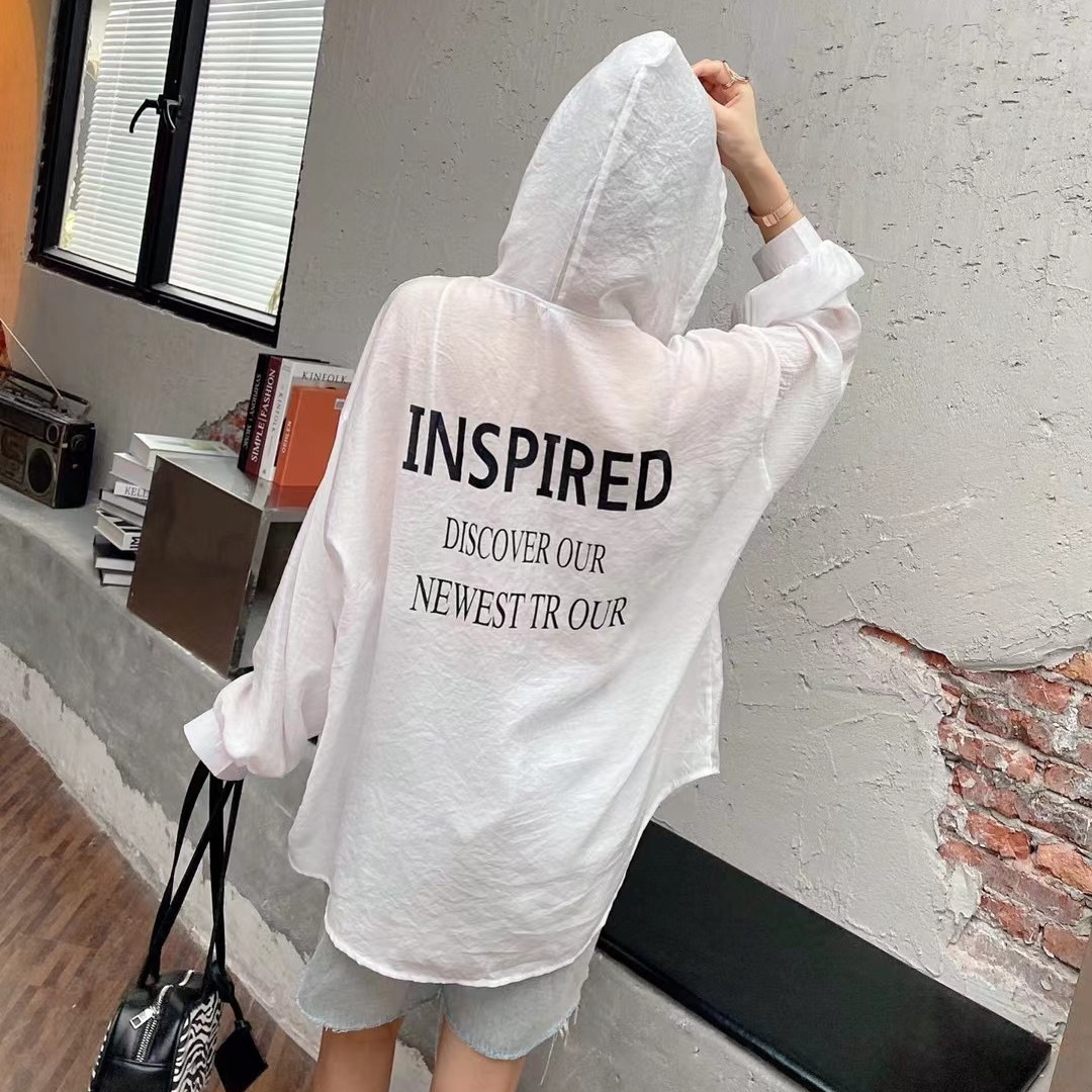 실사 한국 스타일 여름 후드 알파벳 프린트 얇은 스타일 자외선 차단 외투 여성 레저 하라주쿠 스타일 셔츠 오픈 가디건