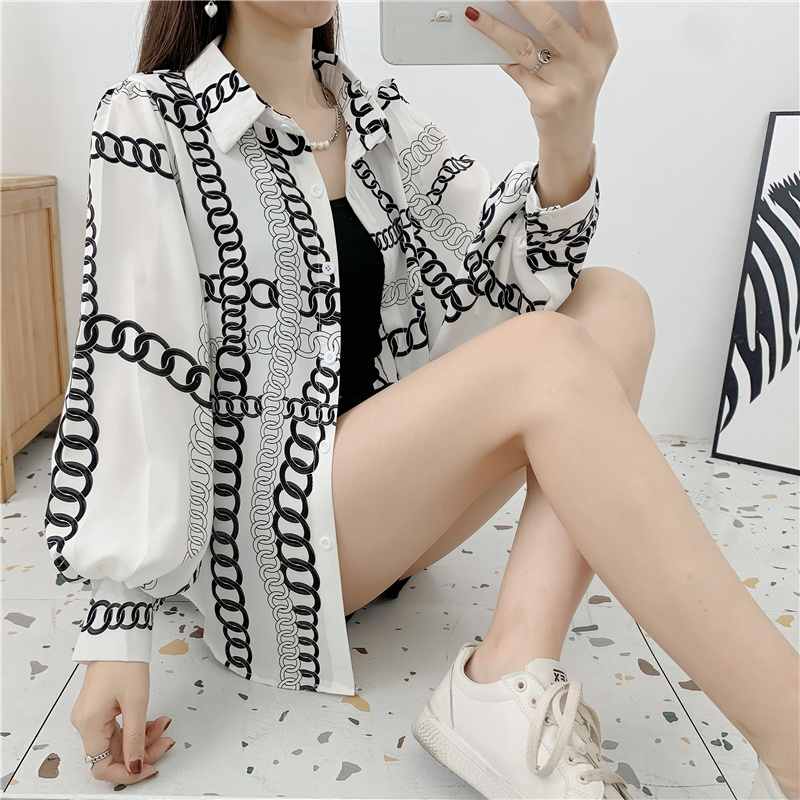 실사 POLO 칼라 벌룬 소매 쉬폰 여성 셔츠 봄 셔츠 빅 사이즈 새로운 디자인 센스 작은 대중 외국 가스 셔츠