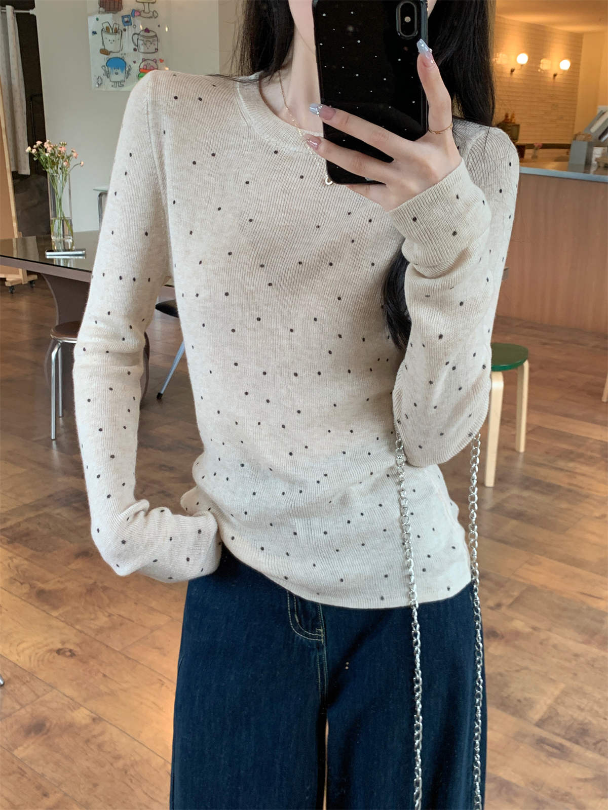 Actual shot of early autumn Korean style round neck lazy age-reducing polka dot 6 wool sweater long-sleeved bottoming top for women