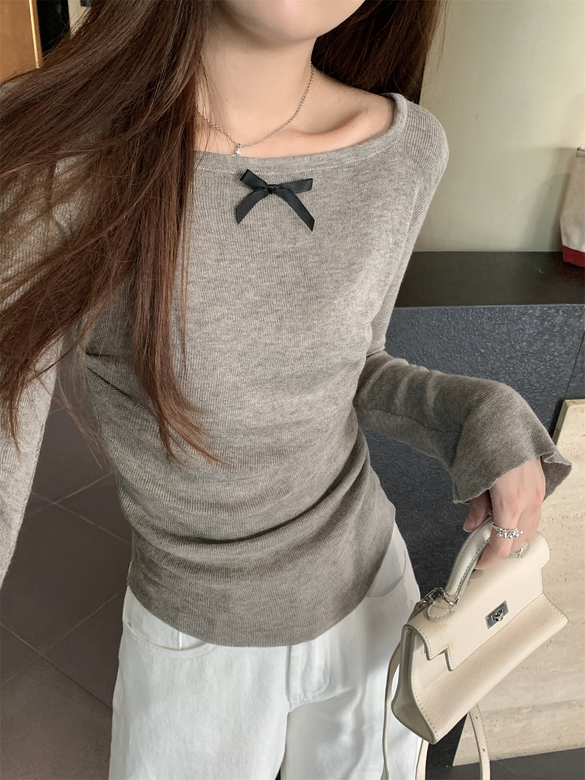 Real shot of autumn Korean style temperament square neck bow bell sleeve 6 wool sweater long-sleeved inner top
