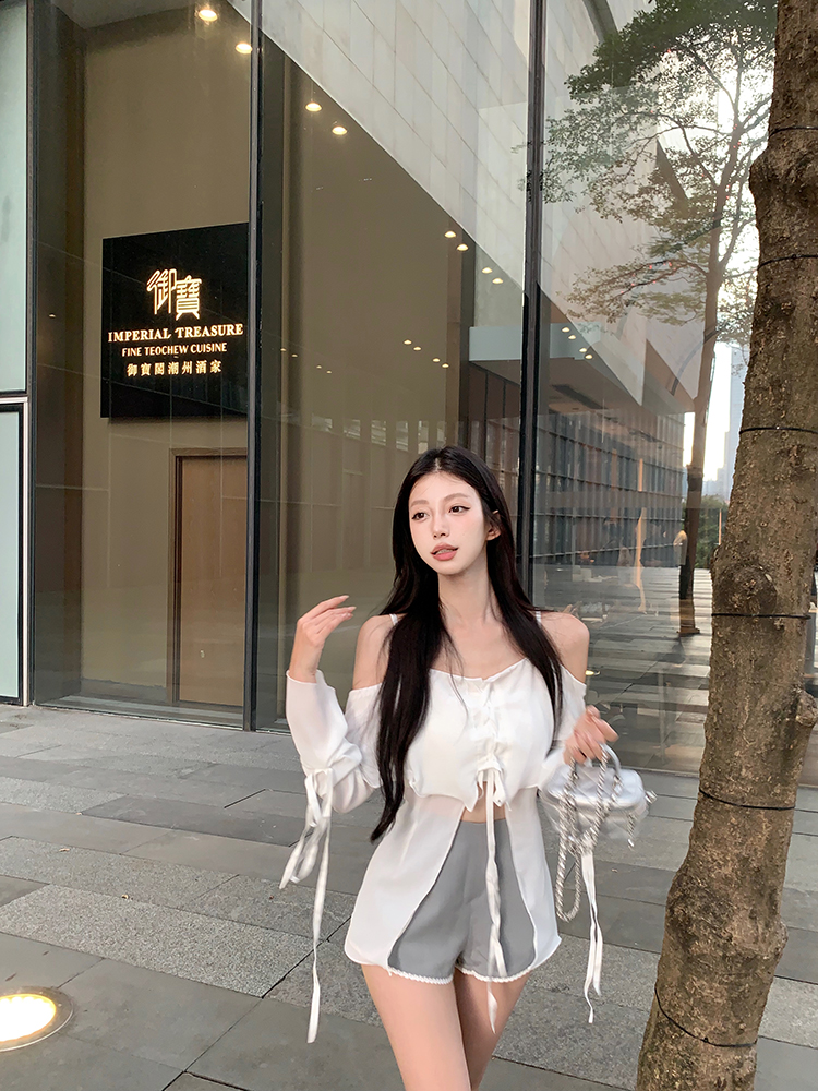 實拍 純欲風吊帶露肩褶邊花邊綁帶性感漏肩襯衫設計感上衣女