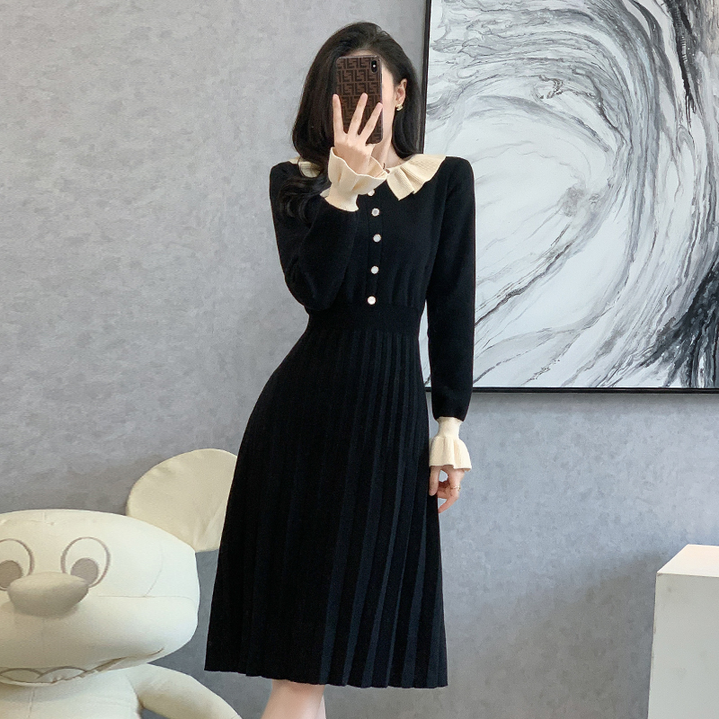 实拍小黑裙法式小香风百搭配大衣长裙内搭针织打底连衣裙女秋冬