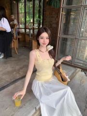 淑女風2024夏季韓系辣妹不露副乳鏤空立體花朵手工鈎花背心