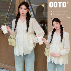 批发实拍新款2025孕妇秋装甜美宽松长袖娃娃衫绣花减龄百搭绣花上衣