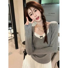 批发<b class='q'>韩国</b>外贸<b class='q'>蕾丝</b>边蝴蝶结V领长袖T恤女设计感小众修身辣妹打底上衣