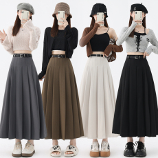 批发实拍2026<b class='q'>半身</b>裙女高腰显瘦百褶裙送皮带通勤大摆高腰西装<b class='q'>长裙</b>