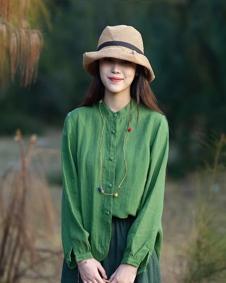 문예 미니멀리즘 아마 셔츠 가을 의상 레트로 스탠드 칼라 단색 긴팔 면 린넨 오픈 가디건 여성
