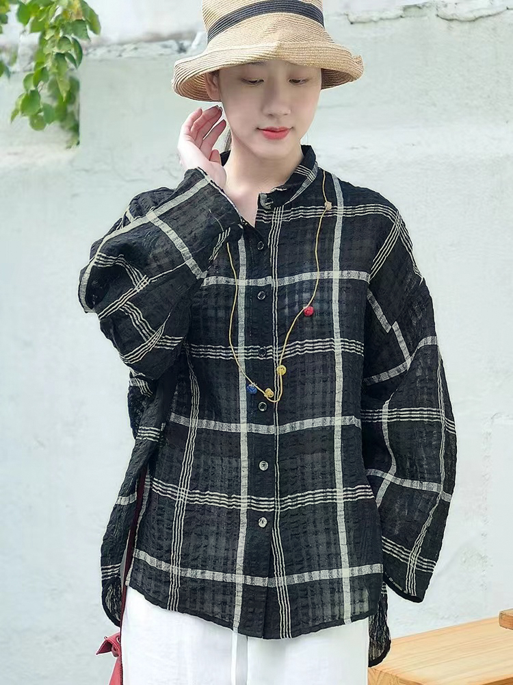 캐주얼 문예 체크무늬 루즈핏 질감 면 린넨 셔츠 느긋한 바람 피터 팬 칼라 긴팔 얇고 가벼운 오픈 가디건