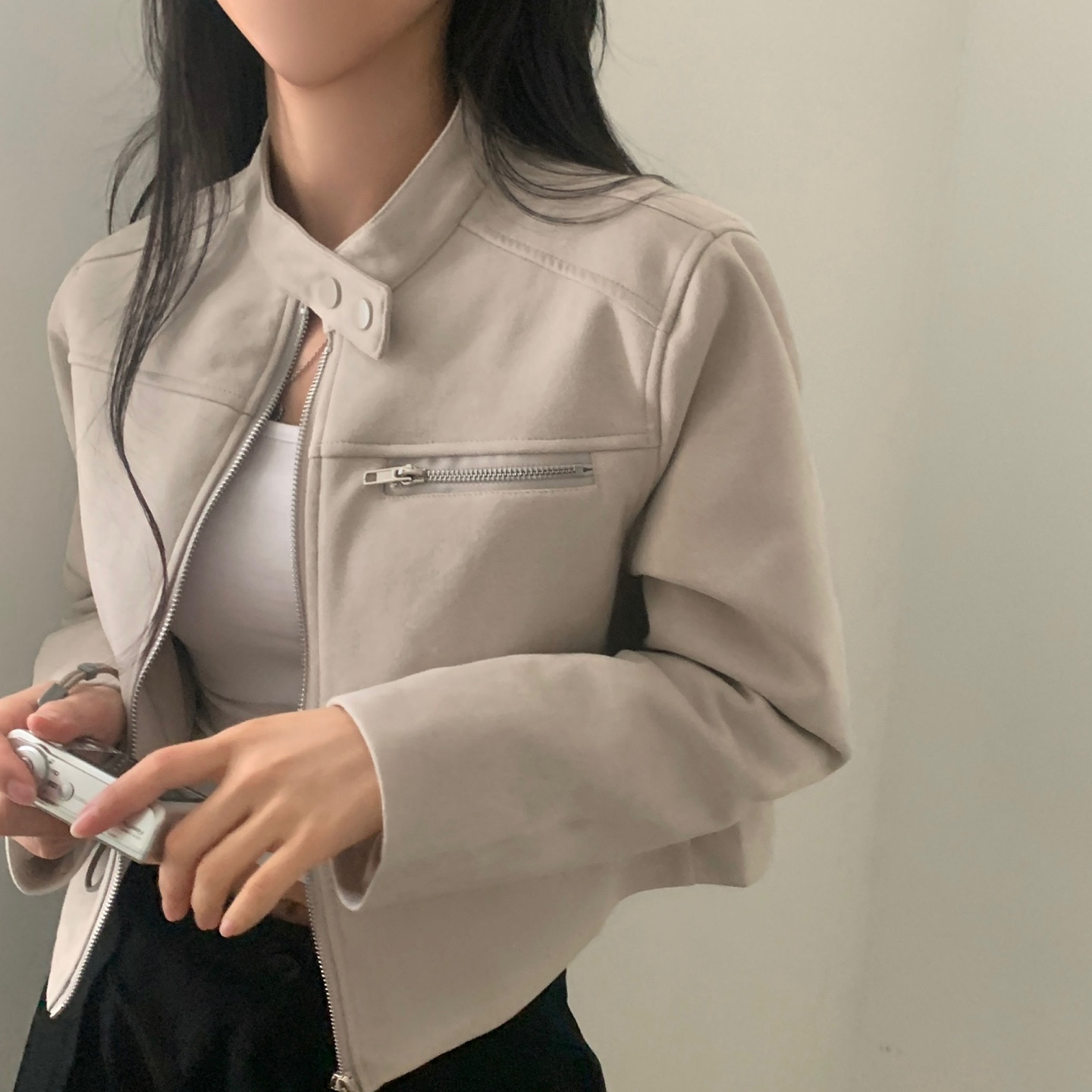 재고 있음 한국 ins 이른 가을 품격 스탠드 칼라 하이웨이스트 쇼트 스타일 작은 외투 스웨이드 원단 오토바이 맨위