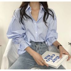 批发韩国chic法式小众设计感细条纹宽松简约衬衫女