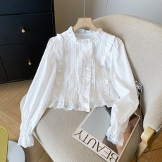 批发实拍2026春装<b class='q'>新款</b>设计感立领蕾丝衬衫小众显瘦气质短款木耳边上衣