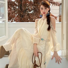 批发Blovelan阿勒泰 仙气暗纹提花复古腰带气质露肩流苏亮片<b class='q'>连衣裙</b>秋