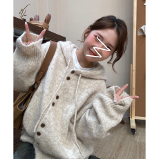 批发软糯温柔风连帽毛衣外套女2025<b class='q'>秋</b>冬新款慵懒风甜美针织开衫上衣