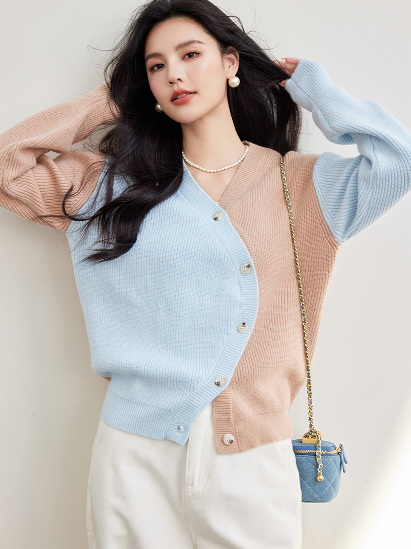 MY16552# 时髦设计感撞色针织衫温柔慵懒风开衫外套女裝貨源服裝批發