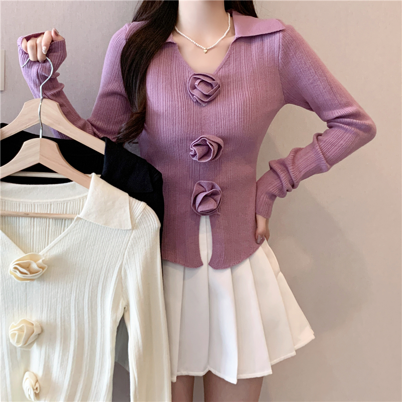 MY1537# 大码新款法式气质纯欲花朵针织衫小众修身显瘦翻领上衣女裝貨源服裝批發