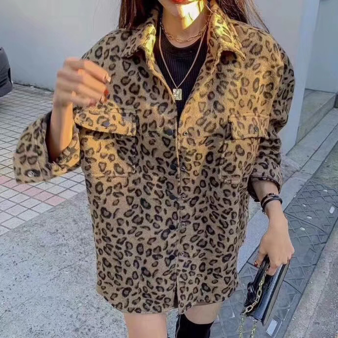 한국 스타일 가을 겨울 모직 레오파드 무늬 프린트 루즈핏 중간 길이 셔츠 bf 캐주얼 레트로 다용도 모직 여성 코트