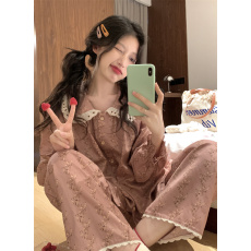 实拍实价 秋季新款娃娃领印花长袖睡衣套装 女