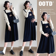 批发实拍大量现 2026春季新款时尚长袖休闲刺绣背带假两件针织连衣裙